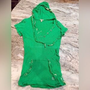 Miss Me Green Distressed Hooded Thermal Top Medium Y2K Style
